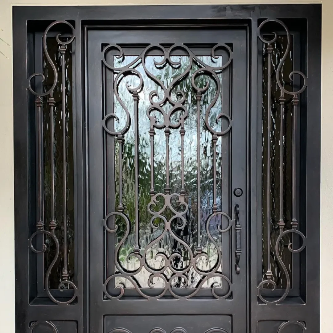 Custom entry iron door with clear dual pane glass and flat black finish