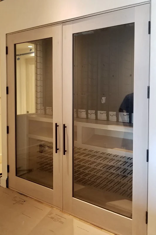 Modern black framed double glass entry doors with straight pull handles